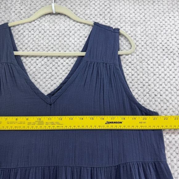 Quince Dress Womens XL Indigo Blue 100% Organic Cotton Gauze Tiered Maxi V-Neck - Picture 5 of 9